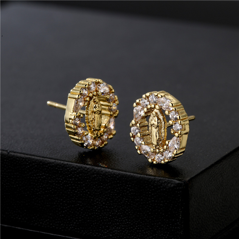 Copper Ear Needle Material Copper Micro-inlaid Zircon Religious Jewelry Real Gold Electroplated Maria Earrings