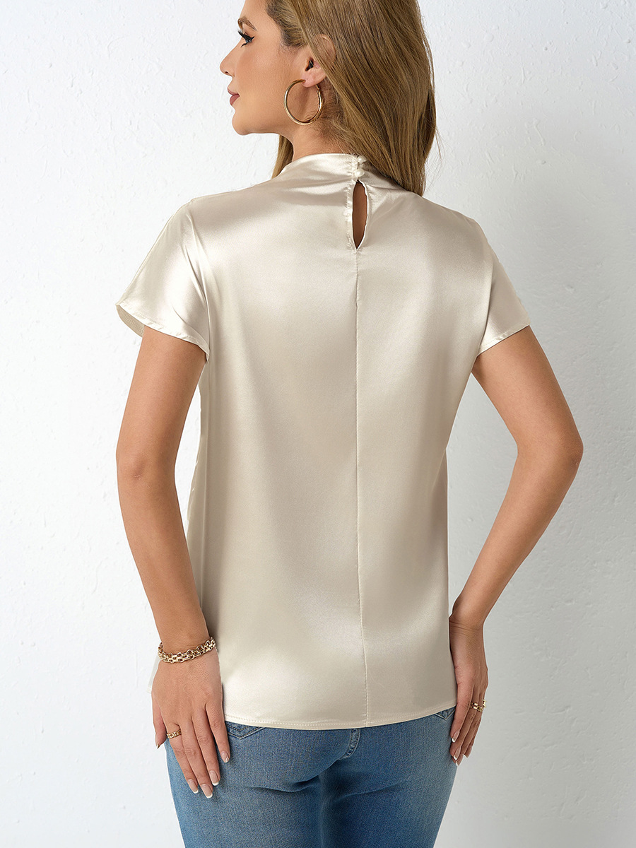 Real shot venta caliente transfronteriza nueva camiseta de satén de manga corta con cuello redondo satinado primavera y verano top plisado del hombro izquierdo de las mujeres al por mayor image 6