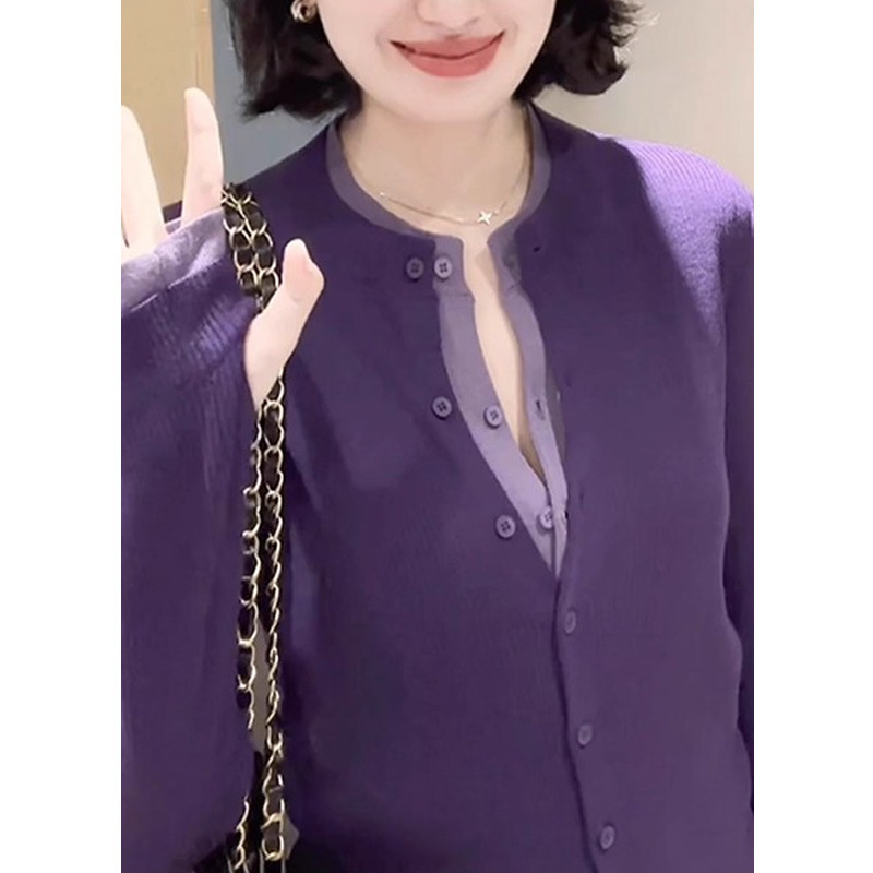 高JI感紫色假两件针织开衫外套女早秋撞色拼接毛衣外穿气质小上衣|undefined