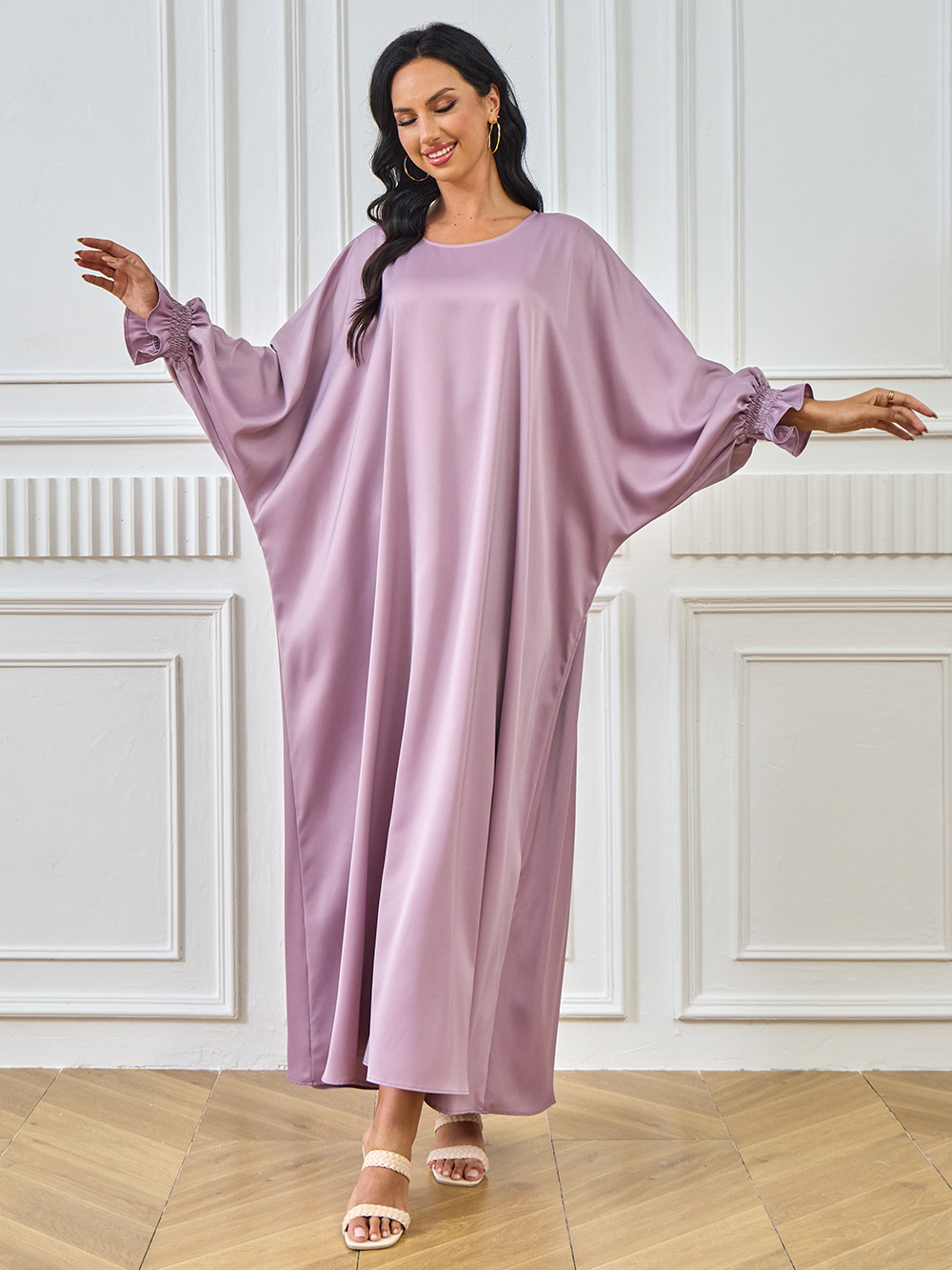 2024 New Cross-Border Abaya Dubai Muslim Middle Eastern Women's Long Robe Solid Color Dress_ecoleips.com