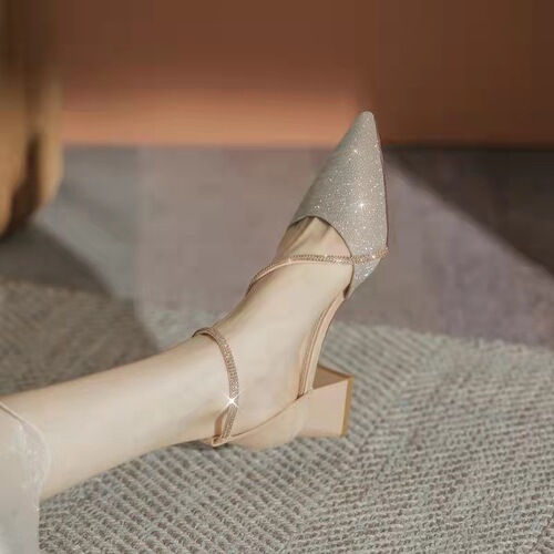 Thick-heeled high-heeled shoes for women  new spring and autumn pointed toe buckle with rhinestones and skirt mid-heeled shoes wholesale