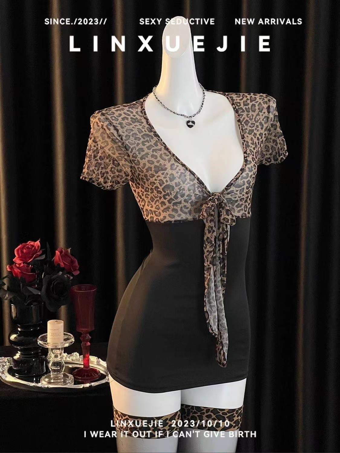 Leopard Print Deep V Lingerie Set with Lace-Up Top and Hip-Hugging Mini Skirt, One-Size Women’s Costume — detail image 2