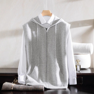 Autumn and Winter New 100 Cashmere Men's Zipper Cardigan Hooded Vest Jacket Youth Warm Casual Knitted