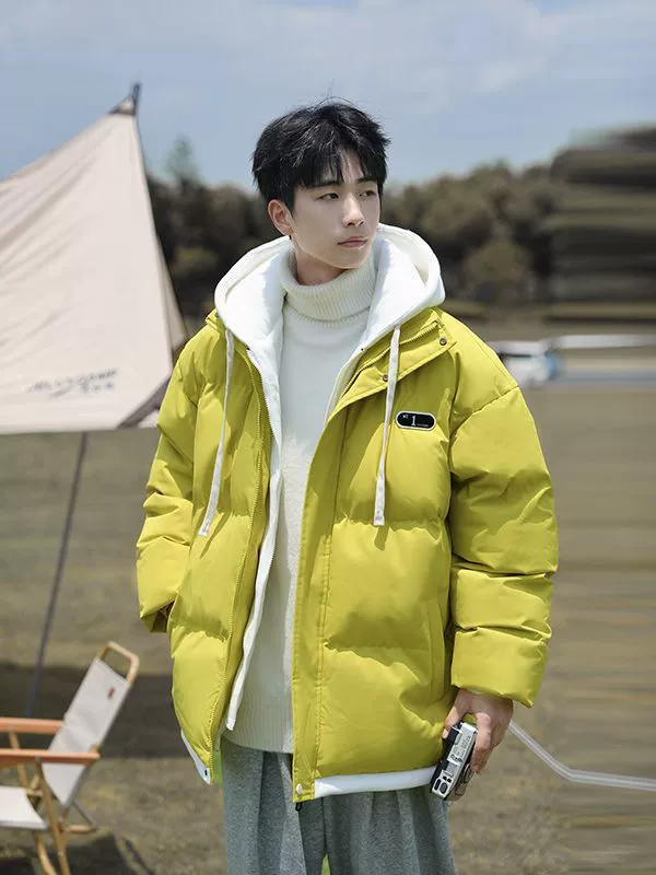 2023 Зимняя Свободная куртка в гонконгском стиле с подкладкой из двух частей с капюшоном и хлопковой подкладкой для мужчин и подростков, модная утолщенная куртка с хлопковой подкладкой для мужчин