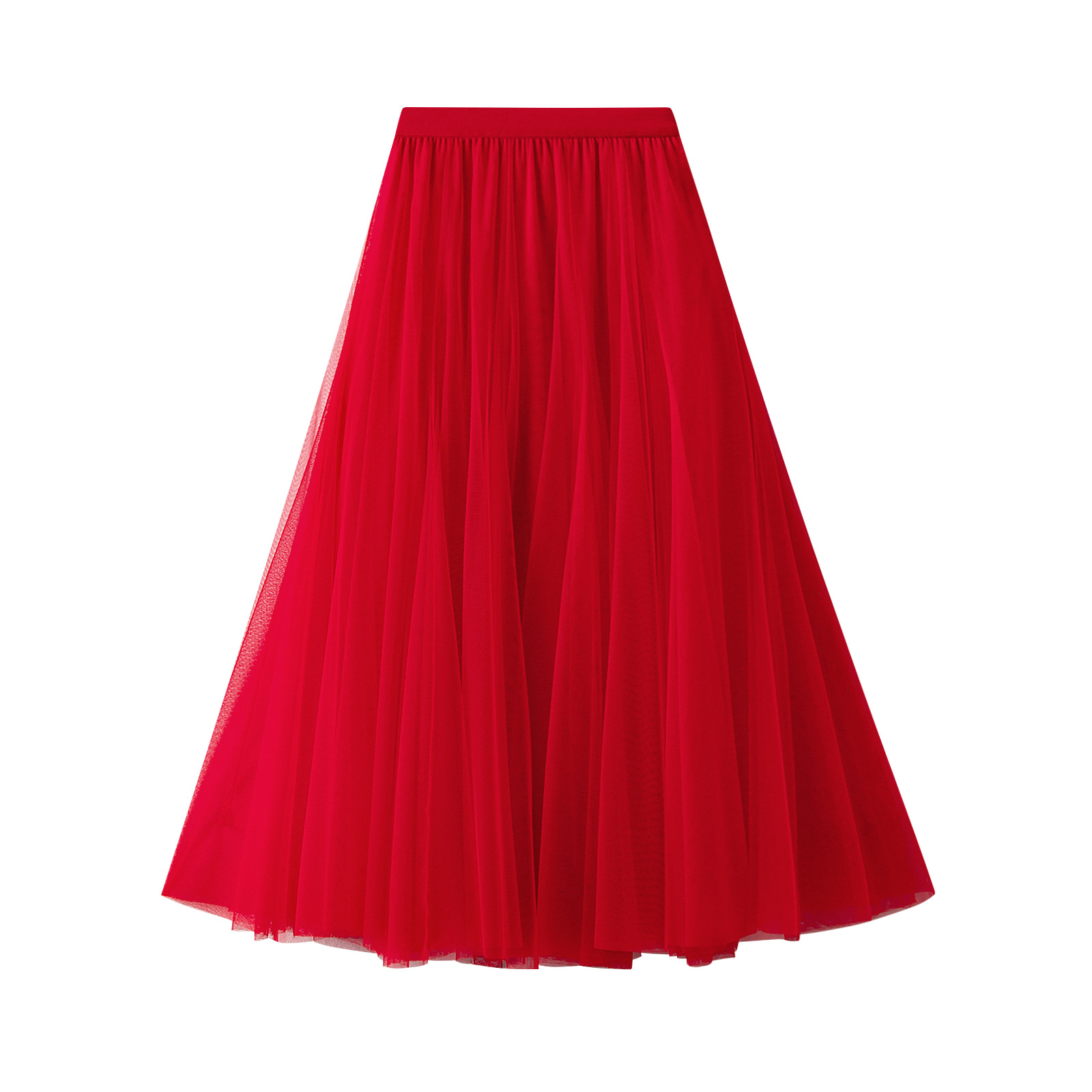 Ein High-Waist-Plisseetüll-Midirock in kräftigem Rot mit fließendem, mehrlagigem, luftigem Stoff und geschnittenem Bund.