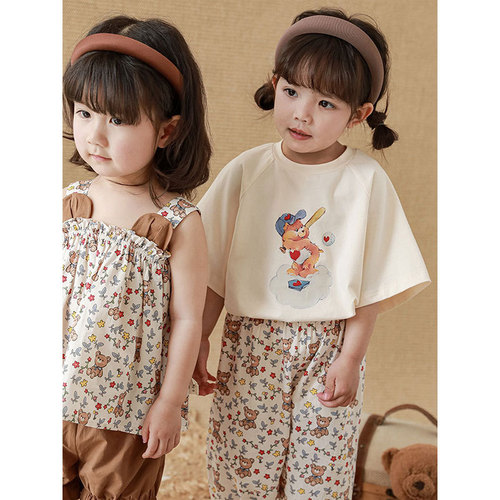 Qiu Duomeng Girls' Floral Camisole Top Shorts Set Summer Children's Cartoon Short-Sleeved T-Shirt Baby Pants