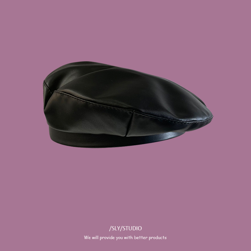 Beret Women's All-match Korean-style pu Leather Distinctive Flat-top Painter's Hat Fashion Color Hip-hop Hat