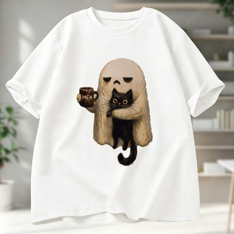 Halloween Ghost Black Cat Print Short Sleeve T-Shirt Amazon Bestseller Round Neck Loose Fit Top 60722-7 Halloween Ghost Black Cat Print Short Sleeve T-Shirt Amazon Bestseller Round Neck Loose Fit Top 60722-7