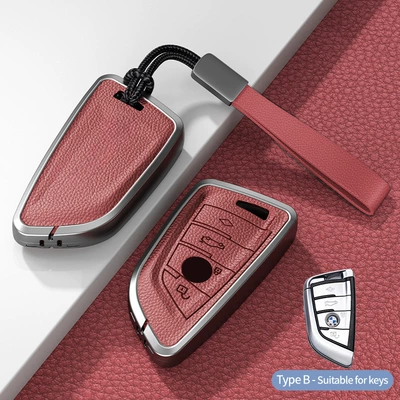 Suitable for Bmw Key Cover 5: Car key bag - model-b-blade-smart-4-button-unstandard-volcano-red-hand-strap-buckle-single-shell