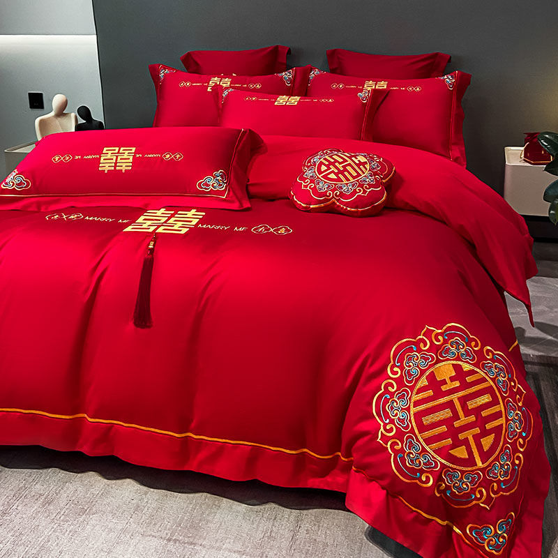 龙凤喜被四件套结婚刺绣大红色被套床单床笠婚庆陪嫁床上用品