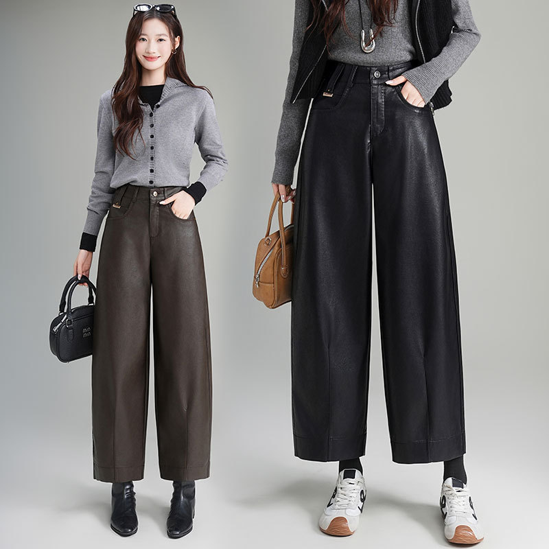 Black Leather Wide-Leg Pants for Women 2025 Autumn and Winter New High-Waisted Slim Petite High-End Narrow Straight Pants