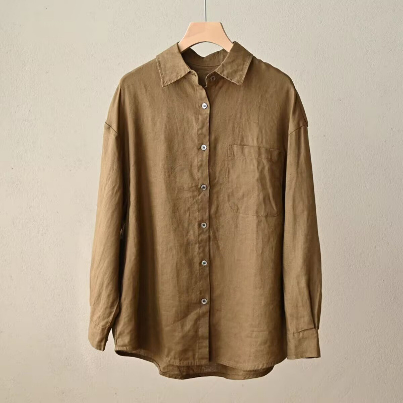 Washed Full Linen Women's Lapel Long-Sleeved Shirt Work Clothing Loose Shirt Top Spring & Fall Meditation