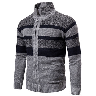 Sweater men's cross-border foreign trade Amazon Men's trendy striped long-sleeved sweater men's outdoor stand collar sports cardigan