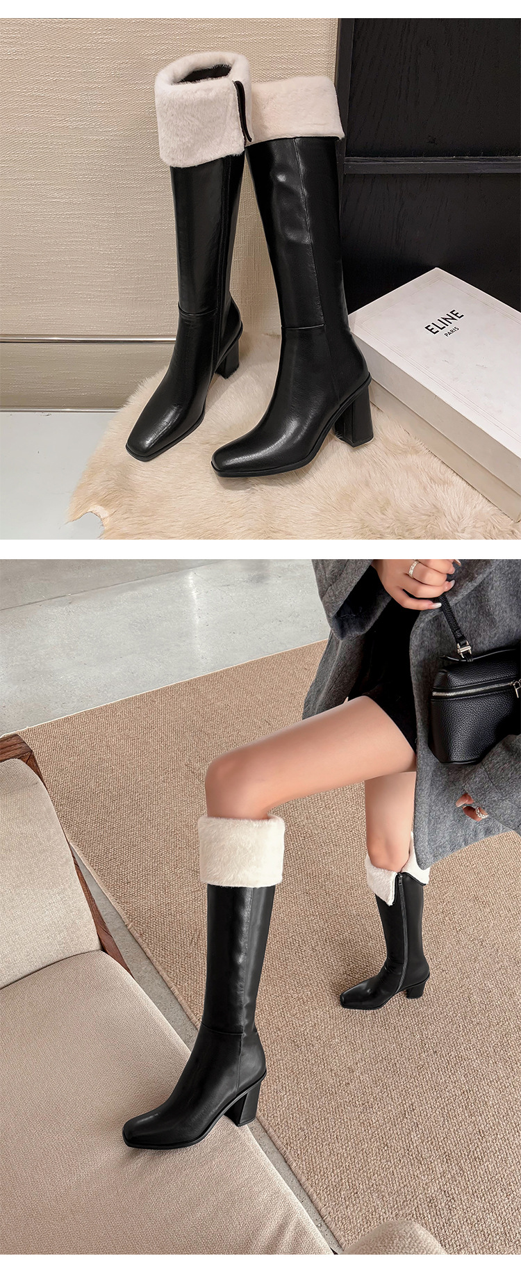 Boot nữ cổ cao mũi vuông gót dày da thật, phong cách hiệp sĩ, có thể gập ống — Lớp lót nhung đen chi tiết 9