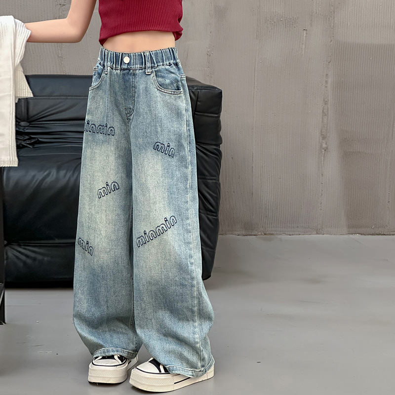 Spring Large Girls' Denim Pants Children's Clothing Girl Wide Leg Pants Loose Straight Leg Pants Soft Thin Letter Embroidered