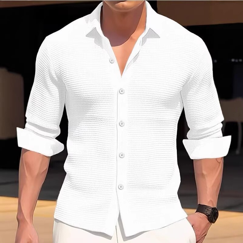 Cross-Border Spring and Autumn New European and American Style Men's Large Size Solid Color Long-Sleeve Shirt, Waffle Casual Turn-Down Collar Shirt Top Cross-Border Spring and Autumn New European and American Style Men's Large Size Solid Color Long-Sleeve Shirt, Waffle Casual Turn-Down Collar Shirt Top