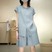 2025夏季爆款纯色下摆开叉洋气短裤套装男女小个子休闲宽松两件套