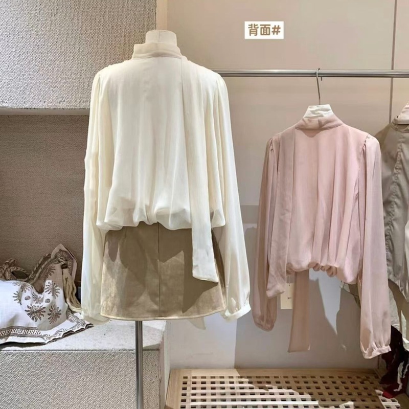 蕾丝拼接设计飘带领上衣女秋贵气感轻奢名媛宽松长袖衬衫杏色|undefined