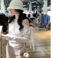 条纹斜肩长袖t恤女秋修身打底绑带设计露肩上衣