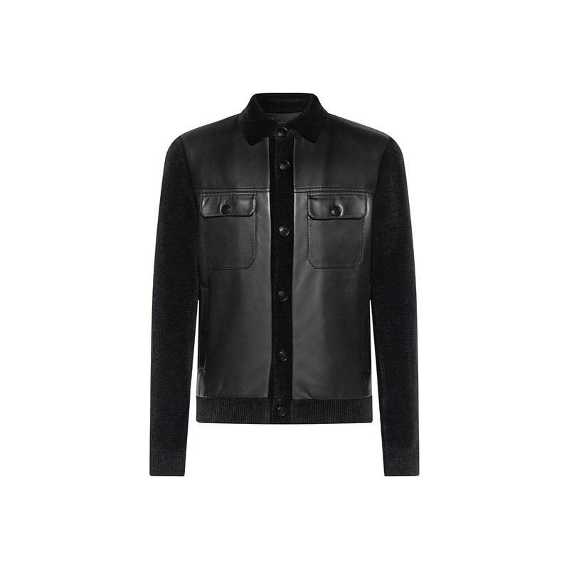Autumn and Winter Goatskin Patchwork Shirt Lapel Jacket Men 06259650