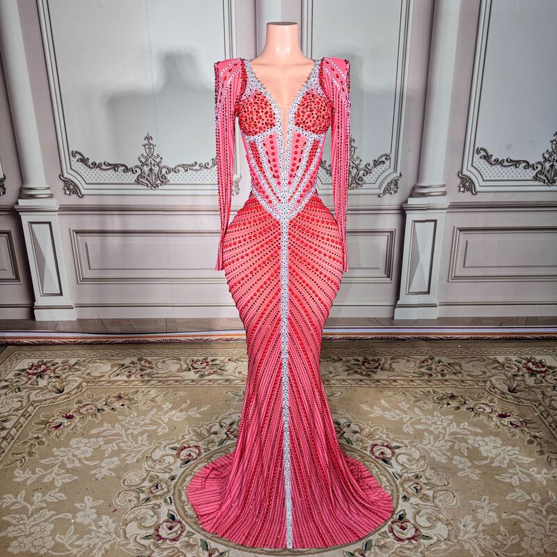 Pink Heavy-Duty Rhinestone-Embellished Sexy Sheer Deep V-Neck Mesh Long-Sleeve Dress for Birthday Parties, Banquets, and Evening Events