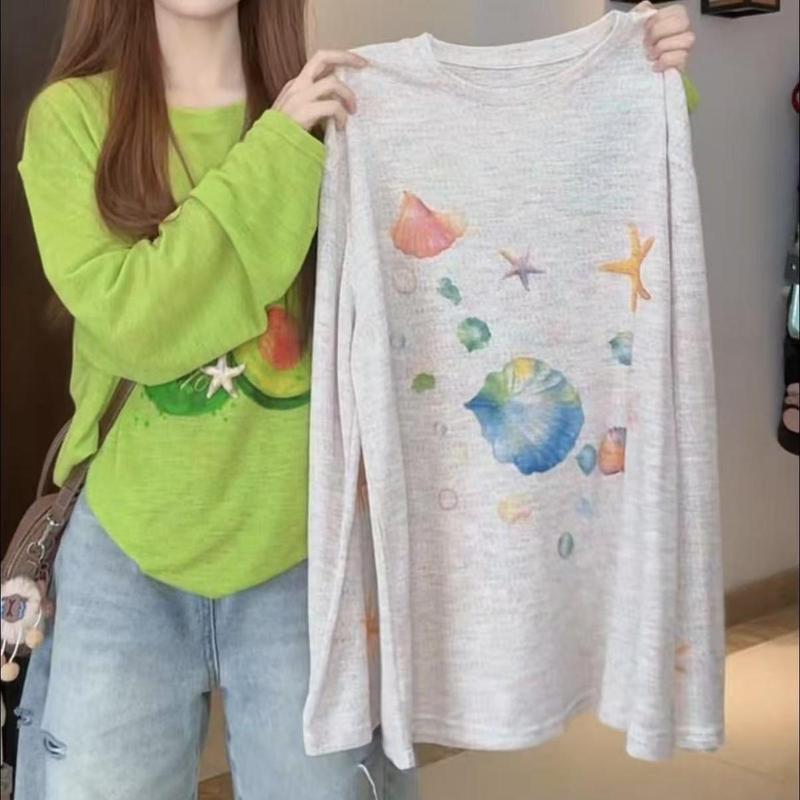 【自家工厂现货】韩系彩色印花圆领长袖t恤女夏季慵懒风百搭罩衫|undefined