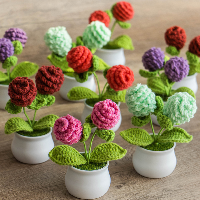 成品針織花毛線小漿果盆栽仿真毛絨書房桌面擺件節日小禮物跨境