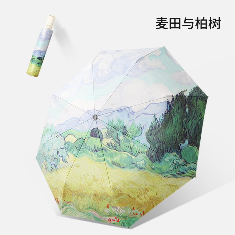 高颜值折叠全自动雨伞晴雨两用黑胶防晒油画印花色太阳伞遮阳伞|undefined
