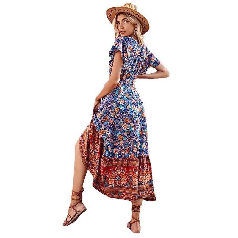 Wish Best-Selling Women's Clothing Cross-Border Foreign Trade Bohemian Lace-Up Long V-Neck Printed Dress_ecoleips.com