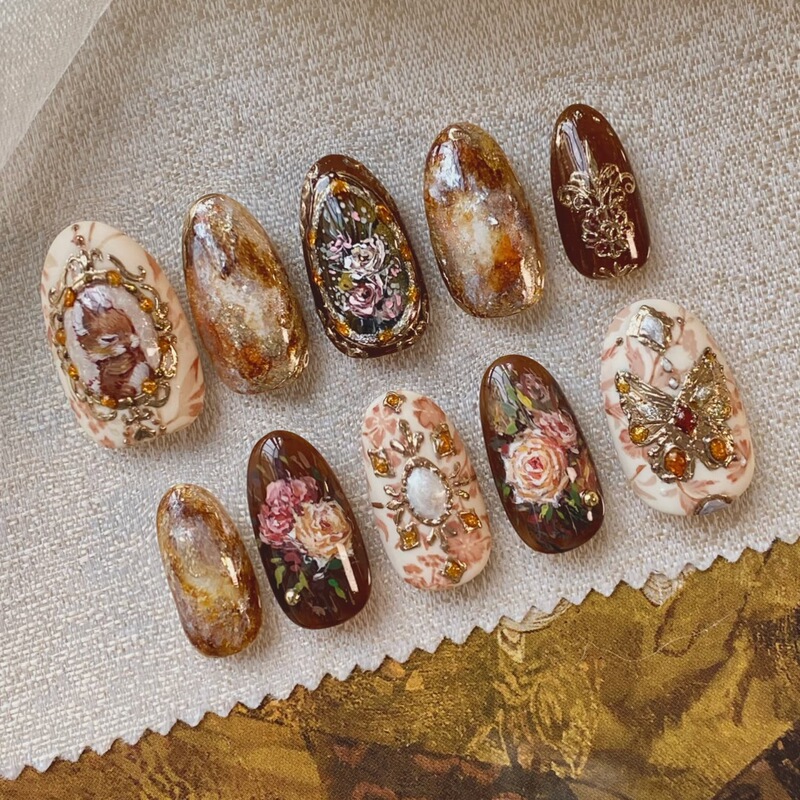 Wm-353 Amber Rose Fake Nails Almond Autumn and Winter Elegant Smudged Atmosphere Whitening 24 Pieces Wearable Nails Wholesale