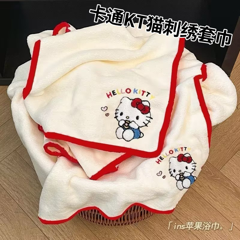 Cute Kt Cat Towel for Bathing, Soft Coral Fleece Bath Towel, Water-Absorbent Hair Drying Cap, Student Dormitory Bath Towel Set