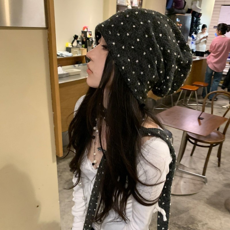 韩系博主慵懒风波点冷帽窄版围脖保暖显脸小针织帽毛线帽堆堆帽女|undefined