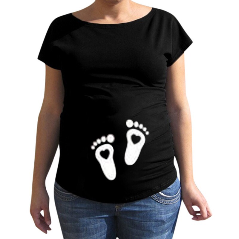 2024 New Pregnant Women Cute Footprints Pattern Women's Printed T-Shirt Short Sleeve