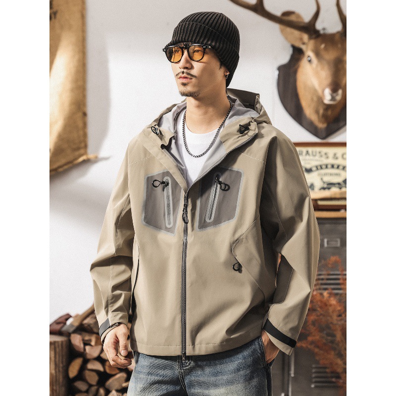 American Retro Mountain Style Outdoor Laminated Waterproof Jacket Men's Spring and Autumn New Hiking Mountaineering Work Jacket