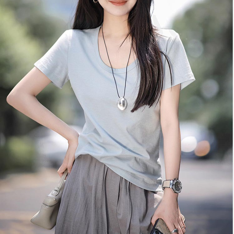 Mulberry Silk Versatile High-grade Aerobic Short-sleeved T-shirt Women's Summer New Large U-neck Slim-fit Solid Color Silk Top for Women