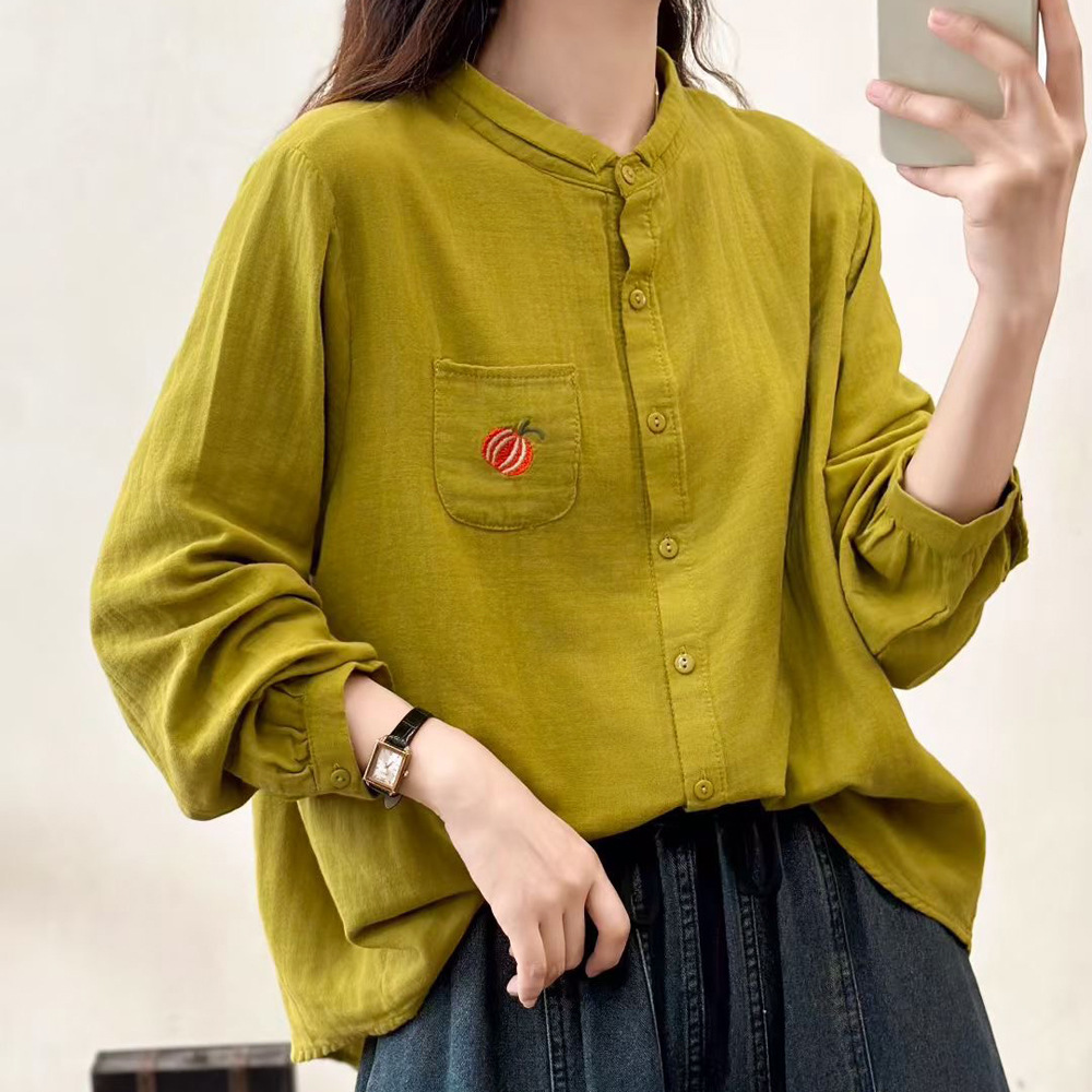 日系复古双层棉纱宽松大码口袋刺绣衬衫女百搭打底衫女装衬衣