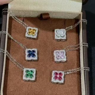 S925纯银斑斓彩钻四叶草花瓣项链精致轻奢优雅中古小众锁骨链饰品