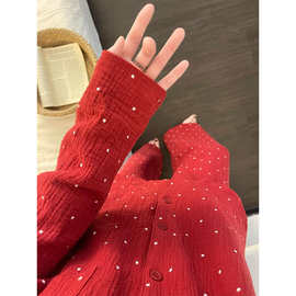 本命年红色波点睡衣女春秋季新款开衫式双层棉纱家居服套装可外穿