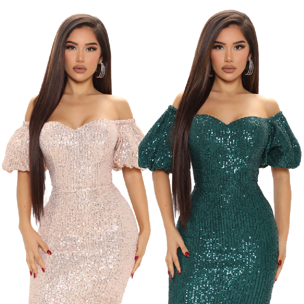 Collarless Neckline Slim Fit Type Solid Color Pattern Wholesale Women'S Casual Sequins Solid Color Banquet Collarless Short Sleeve Pencil Skirt