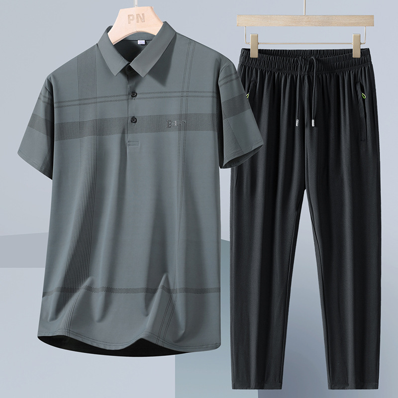 Papá con set de verano de dos piezas para hombre hielo delgado de manga corta suelta set casual de mediana edad pantalones secos rápidos
