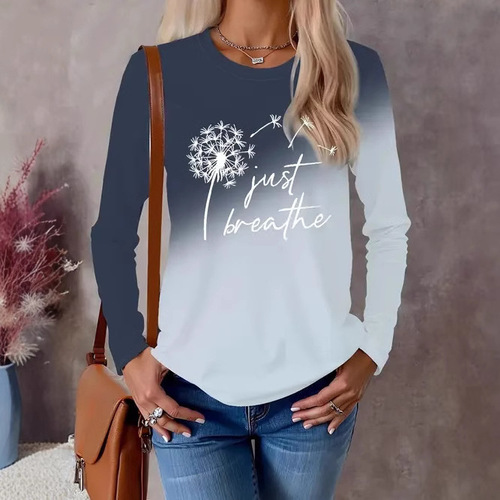 2025 European and American-style Fashionable Casual Trendy Printed Women's Long-Sleeve Crew-Neck Top