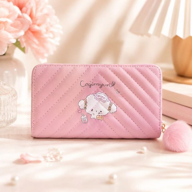 Women's Long Wallet PU Leather Cartoon Pom-Pom Zipper Wallet Cute Student Girl's Coin Purse