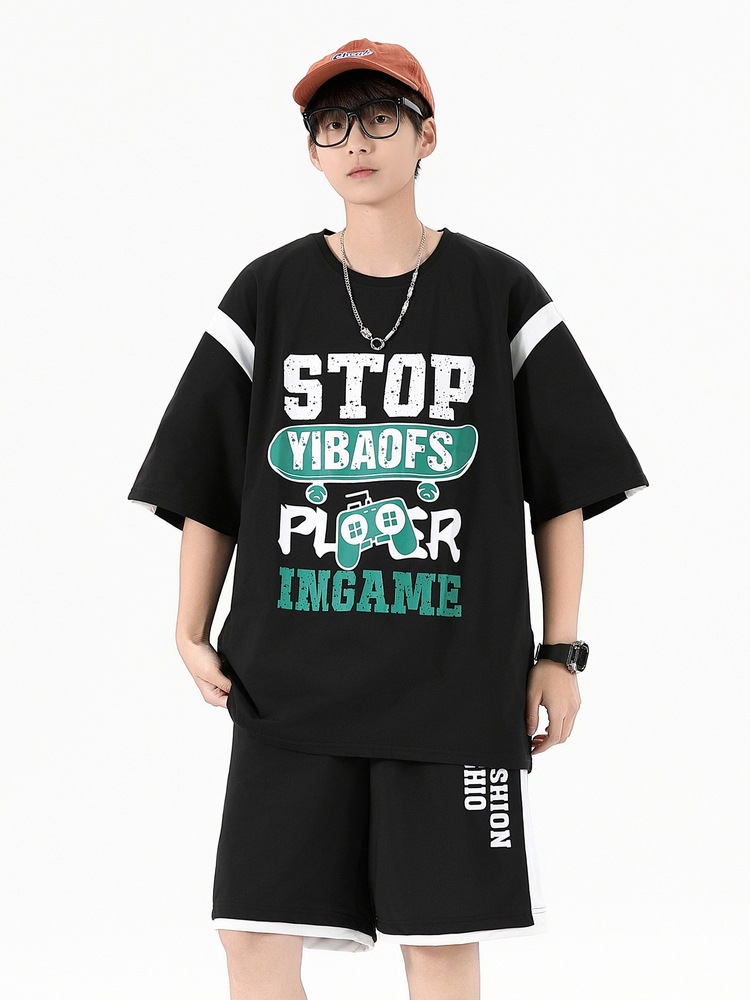 Traje de camiseta de manga corta holgado fino de verano, venta al por mayor, jóvenes, niños, estudiantes de secundaria, tendencia y bonito conjunto de dos piezas