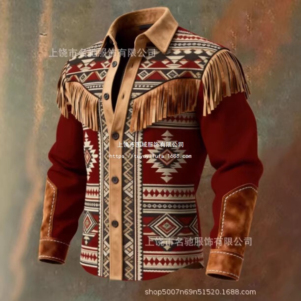 Cross-Border Independent Site Vintage Western Digital Print Denim Style Shirt Navajo Geometric Print Color-Blocking Long-Sleeve Jacket