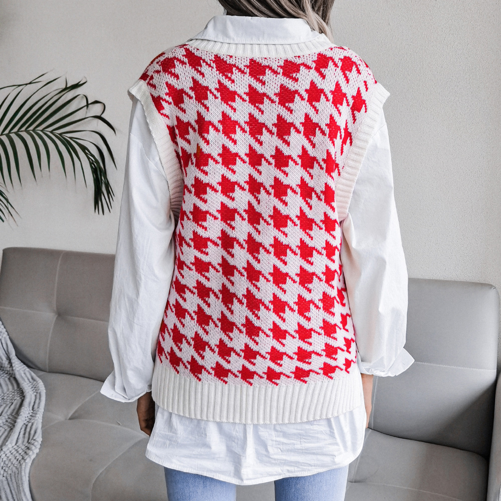 V-Neck Houndstooth Casual Loose Knit Sweater Vest NSBJ105774