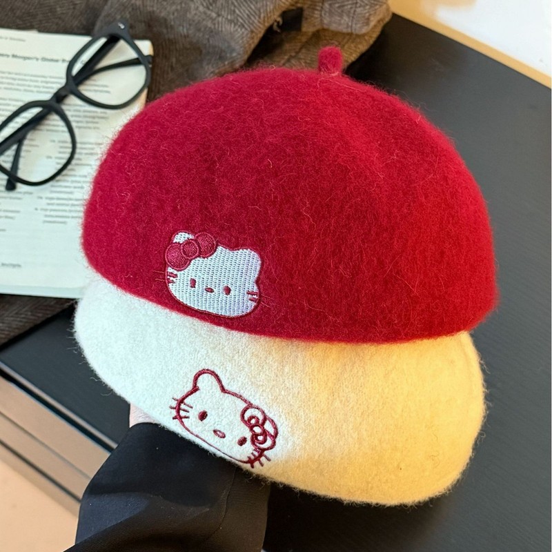 2025新款可爱kitty猫毛呢贝雷帽女秋冬甜美百搭显脸小帽子画家帽|undefined