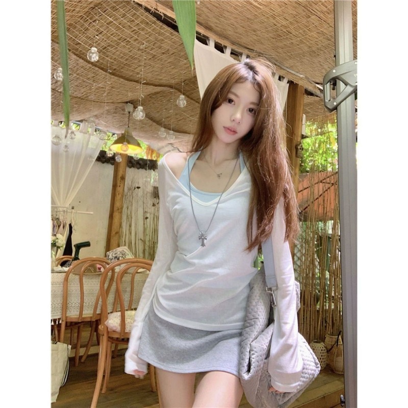 夏の長袖Tシャツトップスブラウスとキャミソールレディースツーピーススーツ白日焼け止め服ルーズホットガール|undefined