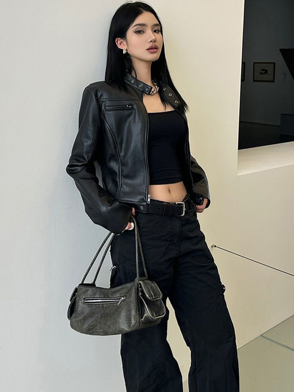 辣妹短款黑色机车pu皮衣外套女春秋季新款美式设计感修身夹克上衣|undefined