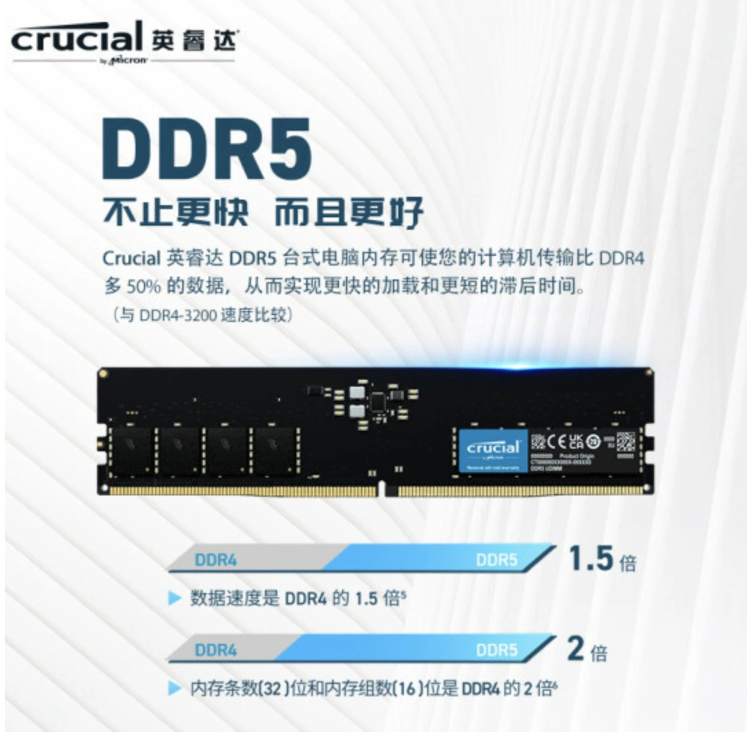 Оперативная память Crucial DDR5 для ПК, 16–32 ГБ, 4800–5600 МТ/с, UDIMM