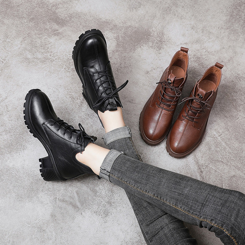 Autumn and winter new style genuine leather women's short boots retro-style chunky mid-heel soft-soled boots color-washed lace-up Martin boots